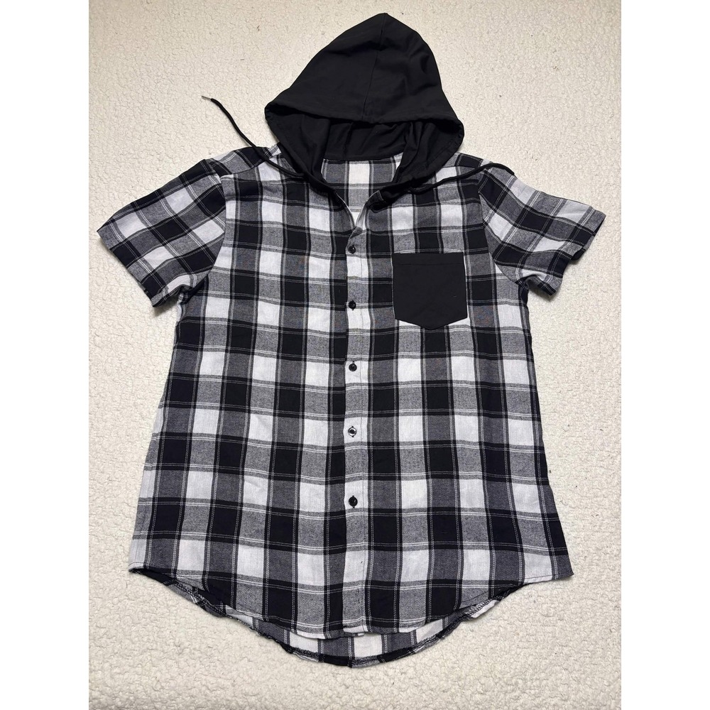 Manfinity Mens XL Black White Flannel Plaid Short Sleeve Hooded Shirt C116UW7PU